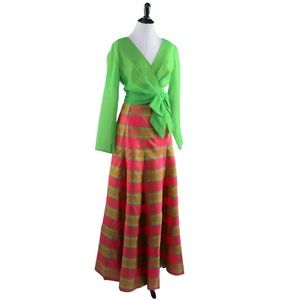 Vintage 60s Miss Elliette maxi chiffon lime green and plaid party dress